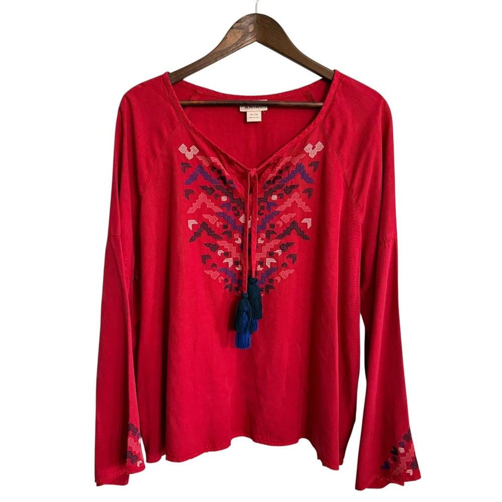 Ariat top women's XL red embroidered Aztec tribal boho western festival‎ cowgirl